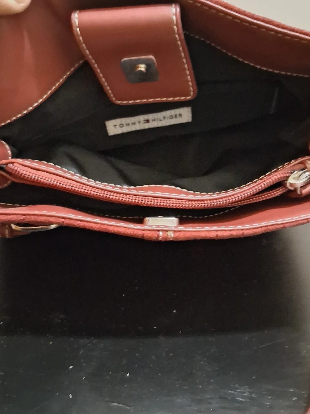 Tommy Hilfiger Red Suede Shoulder Tote with Buckle Accents